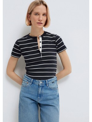 Mavi Yarı Düğmeli Çizgili Lacivert Tişört 1613713-90696