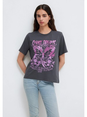 Mavi Kelebek Baskılı Antrasit Tişört 1613720-83620