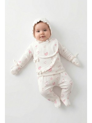 Zeynuko Kız Bebek Kalpli Fiyonklu %100 Pamuk Fırfırlı 5'li Yenidoğan Hastane Çıkışı Zıbın Seti