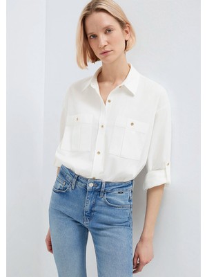 Mavi Düğme Detaylı Ekru Gömlek 1211383-70057