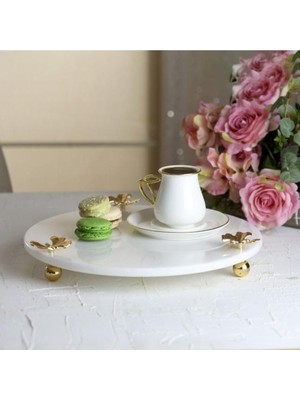 Mermer Beyaz 30 cm Yuvarlak Sunum Tabağı, Altın Ayak, Kelebek Tasarımı