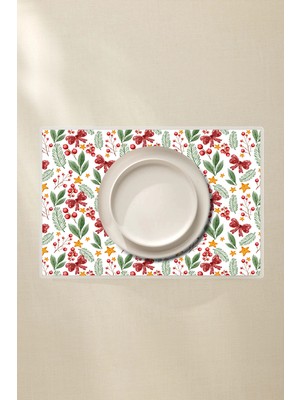 Kokina ve Çam Desenli 4'lü Amerikan Servis, 42X30 Pvc Kaplama Yılbaşı Silinebilir Set