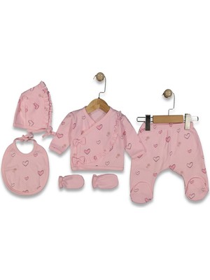 Zeynuko Kız Bebek Kalpli Fiyonklu %100 Pamuk Fırfırlı 5'li Yenidoğan Hastane Çıkışı Zıbın Seti