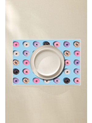 Donut Temalı Amerikan Servis 4’lü - Renkli Tatlı Desen, 42X30 Pvc Kaplamalı Masa Sunumu