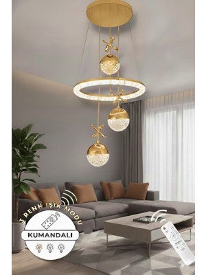 Ece Aydınlatma Heidi Gold Kaplamalı Lüks Tasarım Kumandalı Dimmerli 3 Renkli LED Avize