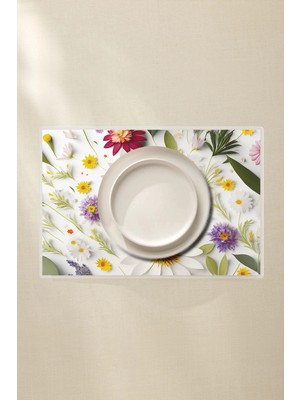 Papatyalı Amerikan Servis 4’lü - Beyaz Çiçek Desenli 42X30 Pvc Kaplamalı Silinebilir
