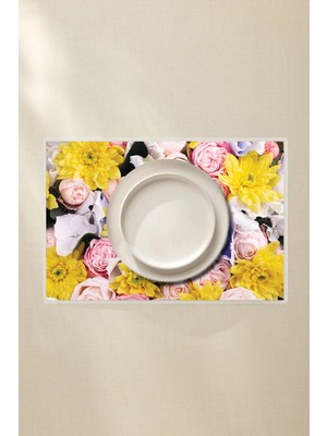 Sarı Çiçekli Gül Desenli Amerikan Servis 4’lü - 42X30 Pvc Kaplamalı Silinebilir