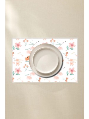 Soft Pembe Çiçek Desenli Amerikan Servis 4’lü - 42X30 Pvc Kaplamalı Silinebilir
