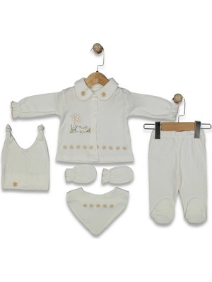 Zeynuko Kız Bebek Çiçek Nakışlı Tavşanlı %100 Pamuk 5'li 0-3 Ay Yenidoğan Hastane Çıkışı Zıbın Seti