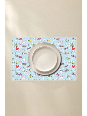 Silinebilir Çocuk Amerikan Servis 4’lü - Tavşanlı Kalpli Güneş Bulut Desenli 42X30 Pvc
