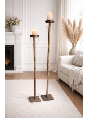 Dekoratif Şamdan Uzun Tasarım Mumluk Doğal Ahşap Mumluk