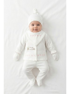 Zeynuko Kız Bebek Çiçek Nakışlı Tavşanlı %100 Pamuk 5'li 0-3 Ay Yenidoğan Hastane Çıkışı Zıbın Seti