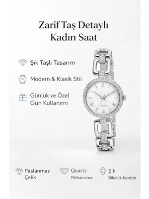 Gümüş Renkli Taşlı Şık Kadın Saat