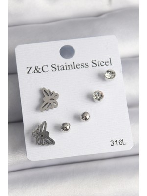 MiraLive 316L Çelik Gümüş Renk Zirkon Taşlı Kelebek Model Kadın Küpe Seti - TJ-BKP10008