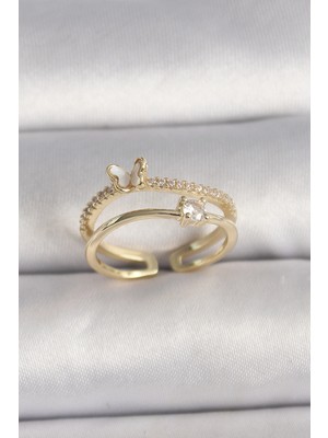 MiraLive Pirinç Gold Renk Zirkon Taş Detaylı Kelebek Figür Ayarlanabilir Yüzük - TJ-BYK3527