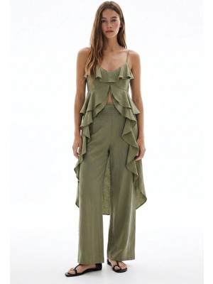 Quzu Pileli Bel Bantlı Bol Paça Pantolon Haki