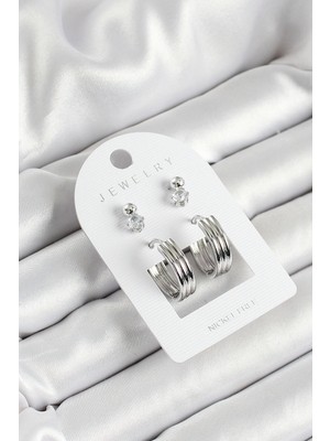 MiraLive Pirinç Zirkon Taş ve Halka Figürlü Gümüş Renk 3'lü Çift Kadın Küpe Set - TJ-BKP10649