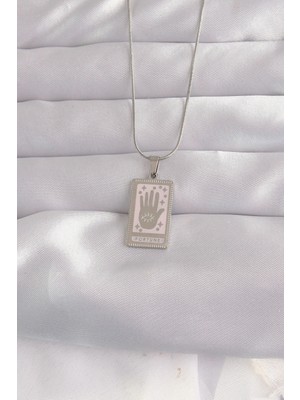 MiraLive 316L Çelik Gümüş Renk Pembe Mineli El Figür Tarot Kolye - TJ-BKO9050