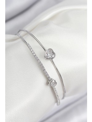 MiraLive Pirinç Zirkon Taşlı Kalp Model Gümüş Renk Kadın Bileklik - TJ-BB7870