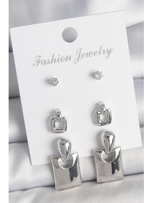 MiraLive Pirinç Gümüş Renk Zirkon Taş Detay Sallantılı Kare Model 3 Çift Kadın Küpe Seti - TJ-BKP10603