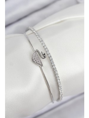 MiraLive Pirinç Zirkon Taşlı Kuğu Model Gümüş Renk Kadın Bileklik - TJ-BB7890