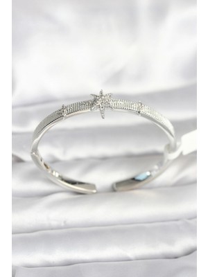 MiraLive Pirinç Gümüş Renk Kutup Yıldızı Model Kadın Kelepçe Bileklik - TJ-BB8092