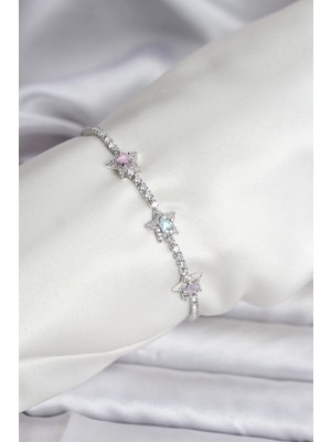 MiraLive Renkli Yıldız Model Zirkon Taşlı Gümüş Renk Pirinç Su Yolu Kadın Bileklik - TJ-BB8101