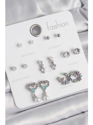 MiraLive Pirinç Gümüş Renk Zirkon Taşlı Sallantılı Kalp Model Çiçek Detay 7 Çift Kadın Küpe Seti - TJ-BKP10546