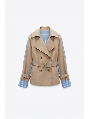 Quzu Çizgili Astarlı Kemerli Kısa Trençkot Bej