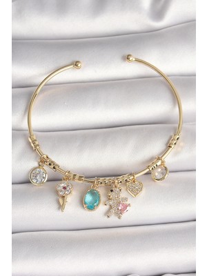 MiraLive Pirinç Gold Renk Sallantı Zirkon Taşlı Ayıcık Figür Kalp Detay Charm Kadın Bileklik - TJ-BB6894