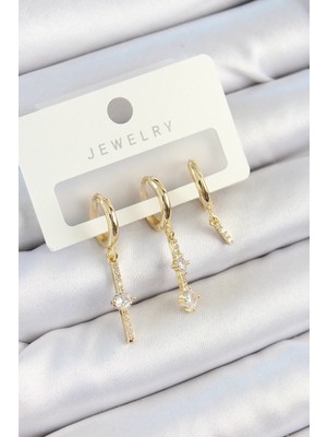 MiraLive Pirinç Zirkon Taşlı Sallantılı Model Gold Renk 3'lü Çift Kadın Küpe Set - TJ-BKP10815