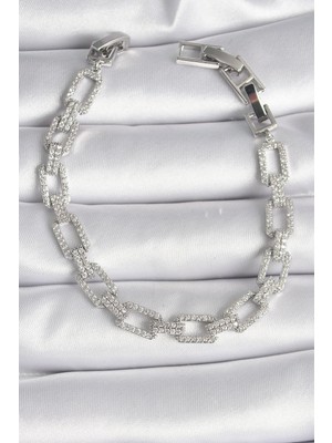 MiraLive Pirinç Gümüş Renk Zirkon Taşlı Zincir Model Vıp Seri Kadın Bileklik - TJ-BB6493