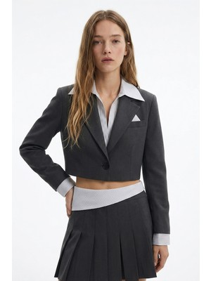 Quzu Gömlek Yaka Garnili Crop Blazer Ceket Antrasit
