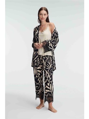 Marsilyan Ip Askılı V Yaka Viskon Tropikal Yazlık Örme Dantel Detaylı Pijama Sabahlık Takımı