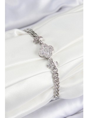 MiraLive Pirinç Zirkon Taşlı Yonca Model Gümüş Renk Kadın Bileklik - TJ-BB7538