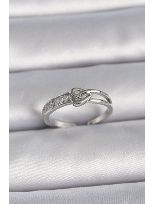 MiraLive Pirinç Gümüş Renk Ayarlanabilir Zirkon Taşlı Düğüm Kalp Model Kadın Yüzük - TJ-BYK3405