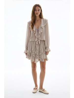 Quzu Beli Lastikli Dantel Şeritli Mini Etek Bej