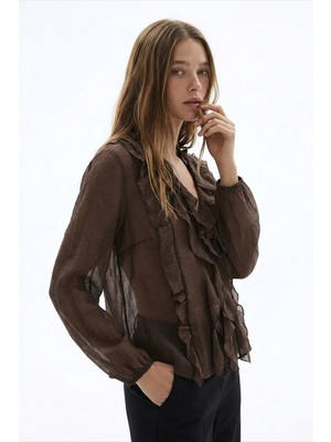 Quzu V Yaka Fırfırlı Transparan Bluz Kahverengi