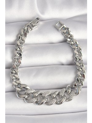 MiraLive Pirinç Gümüş Renk Zirkon Taşlı Kalın Halka Model Kadın Bileklik - TJ-BB6854