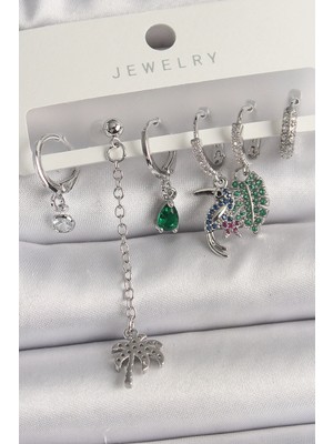 MiraLive Pirinç Gümüş Renk Sallantı Zirkon Taşlı Ağaç Figür Çoklu Kadın Küpe Seti - TJ-BKP10119