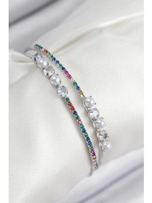 MiraLive Pirinç Zirkon Taşlı Inci Model Gümüş Renk Kadın Bileklik - TJ-BB7876