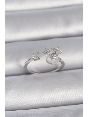 MiraLive Pirinç Gümüş Renk Ayarlanabilir Zirkon Taşlı Yıldız Model Kadın Yüzük - TJ-BYK3397