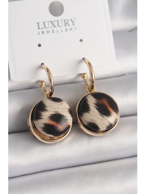 MiraLive Pirinç Gold Renk Leopar Desenli Daire Model Kadın Küpe - TJ-BKP9878