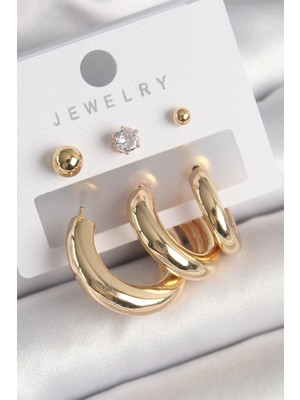 MiraLive Pirinç Gold Renk Halka Model Zirkon Taşlı Topçuk Detay Kadın Küpe - TJ-BKP10306