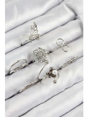 MiraLive Pirinç Gül Kelebek Model Gümüş Renk Kadın Yüzük Kombin Set - TJ-BYK3810