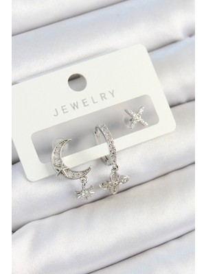 MiraLive Pirinç Zirkon Taşlı Çiçek ve Ay Model Gümüş Renk 3'lü Çift Kadın Küpe Set - TJ-BKP10804