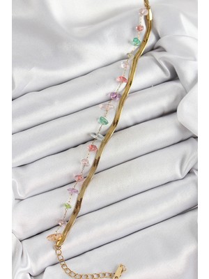 MiraLive 316L Çelik Gold Renk Kristal Karışık Renkli Taşlı Kadın Bileklik - TJ-BB7091