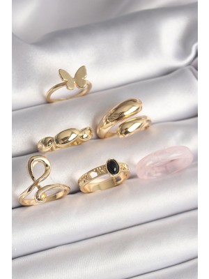 MiraLive Pirinç Gold Renk Kelebek Figür Sarmal Model 6'lı Kadın Yüzük Seti - TJ-BYK3608