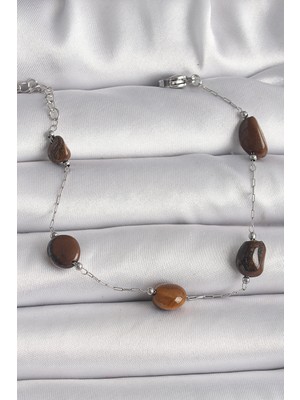 MiraLive 316L Çelik Gümüş Renk Zincir Kahverengi Doğaltaş Model Kadın Bileklik - TJ-BB6596