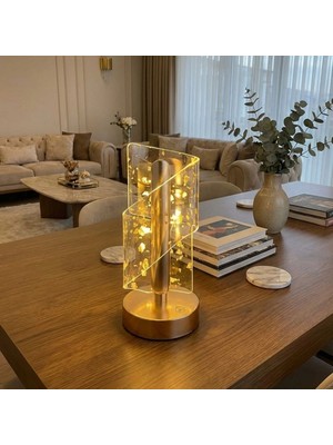 Çapraz Kavisli Kristal Altın Toz Model LED Masa Lambası – Gold Gövdeli, Dokunmatik, 3 Kademe